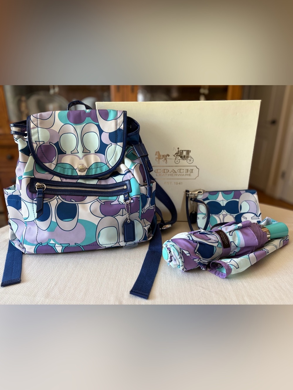 Coach Y2K 3-Pc Bundle Kyra Scarf Print Backpack Wristlet Umbrella w Box F19279